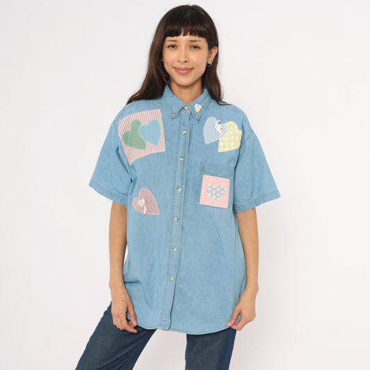 90s Satin Stitches Inc. Patchwork Heart Denim Shirt Light Wash Cotton Medium