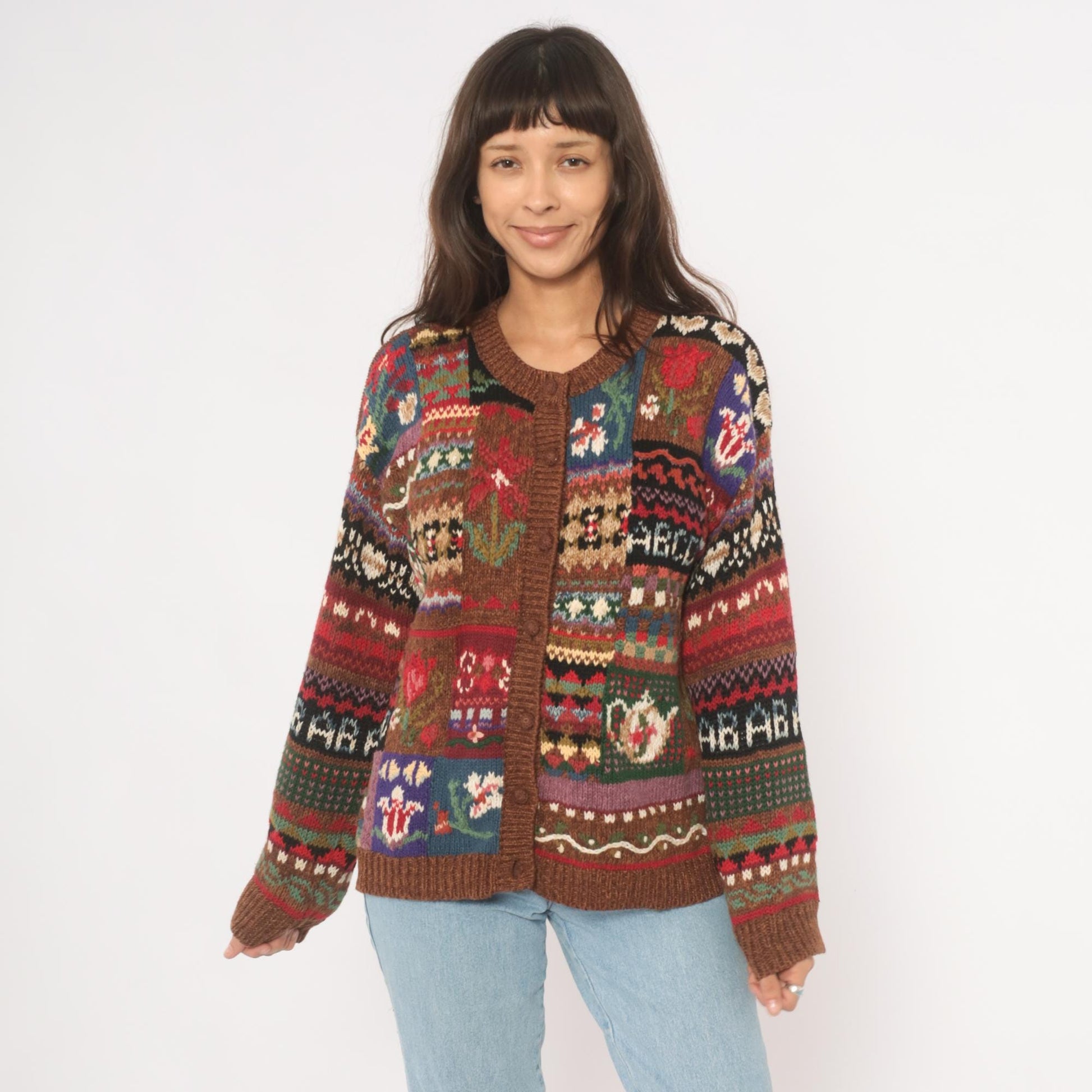 90s Tiara International Patchwork Cardigan Floral Fair Isle Knit Brown Small