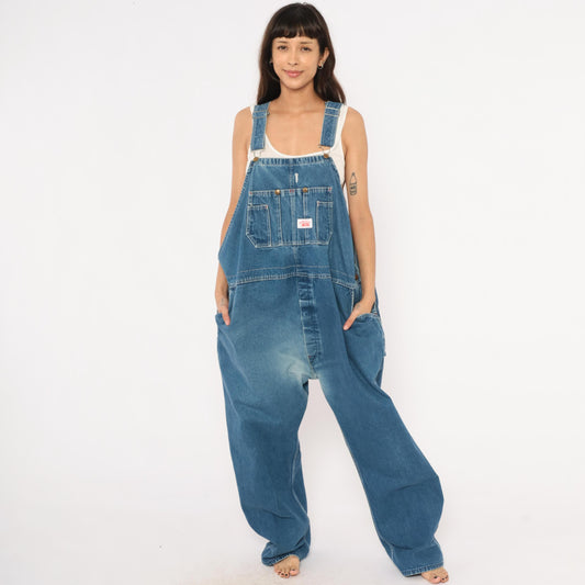 Y2K Roundhouse Denim Bib Overalls Medium Wash Blue Cotton Carpenter 50x30