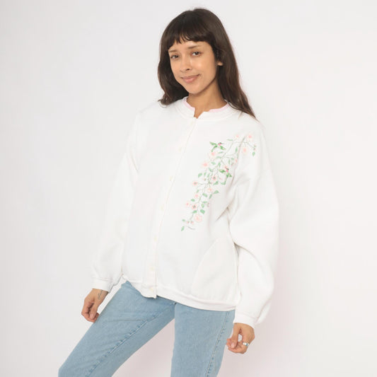 90s Artisans Hummingbird Floral Button Cardigan White Pink Cotton Large XL