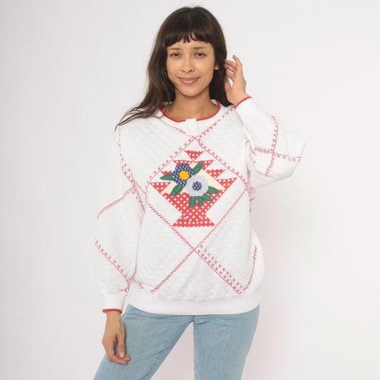 90s Jason Maxwell Quilted Floral Henley Sweatshirt White Red Cross Stitch Large L