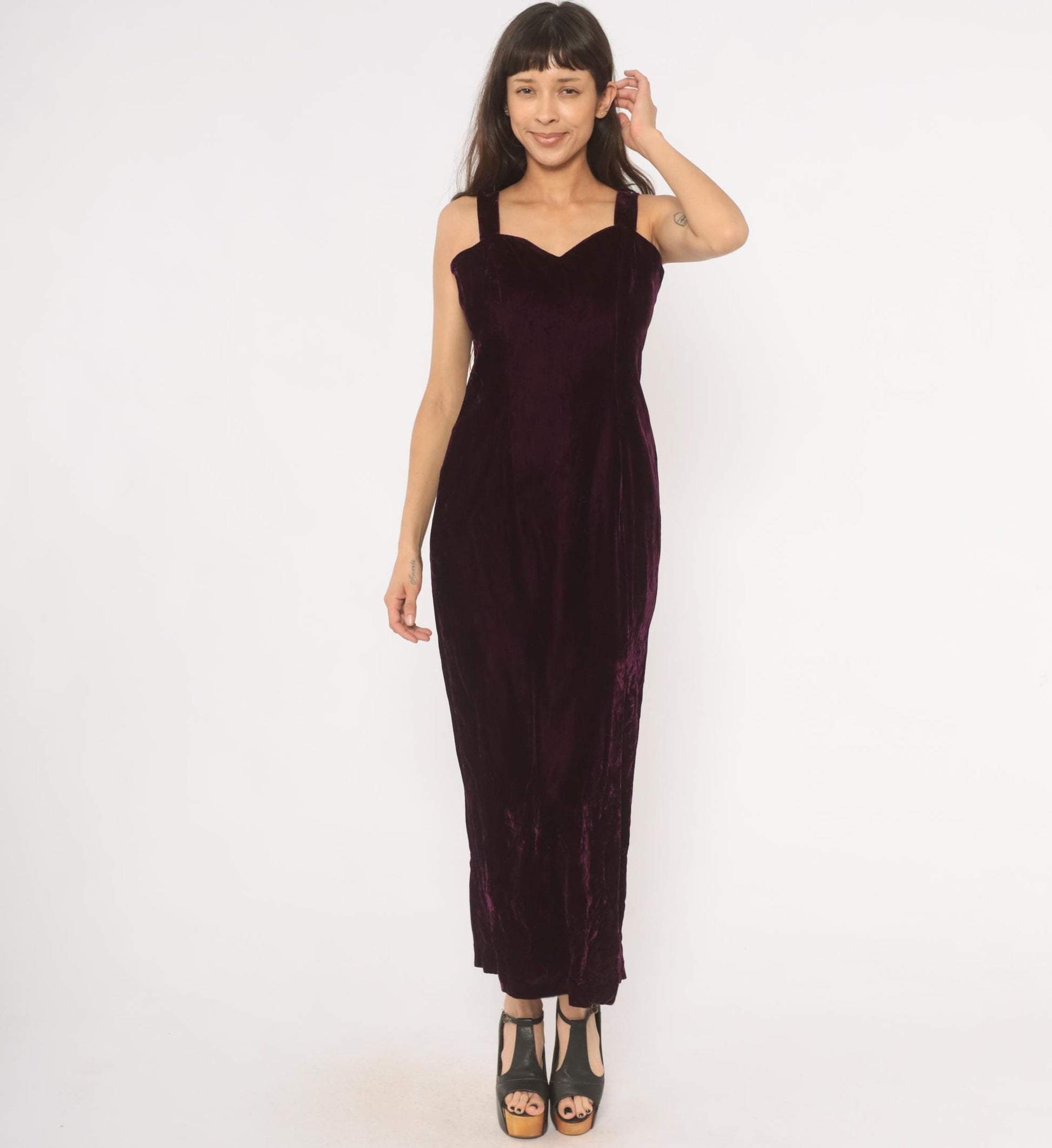 70s Plum Velvet Maxi Dress Sweetheart Neckline Side Slit Medium M