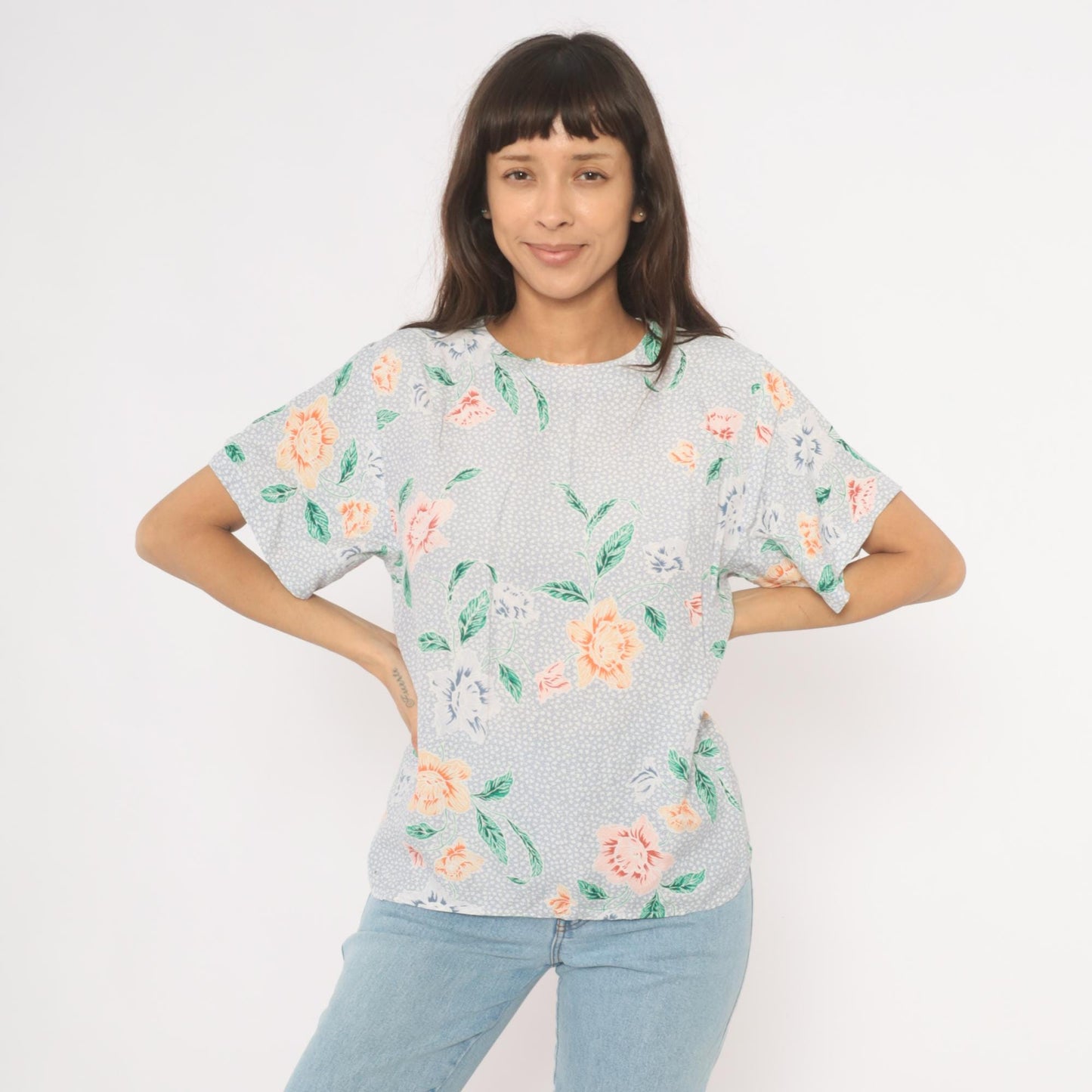 90s JH Collectibles Botanical Floral Blouse Lavender Periwinkle Medium M