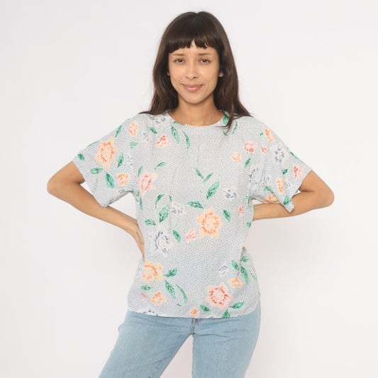 90s JH Collectibles Botanical Floral Blouse Lavender Periwinkle Medium M