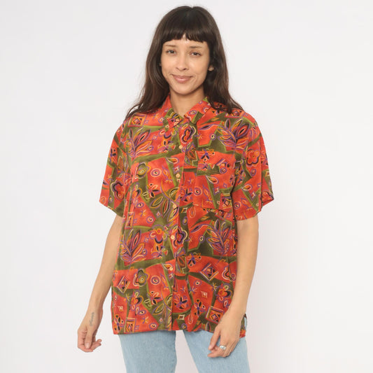 90s Quo-Silk Abstract Patchwork Silk Shirt Orange Olive Purple Camp Collar Medium