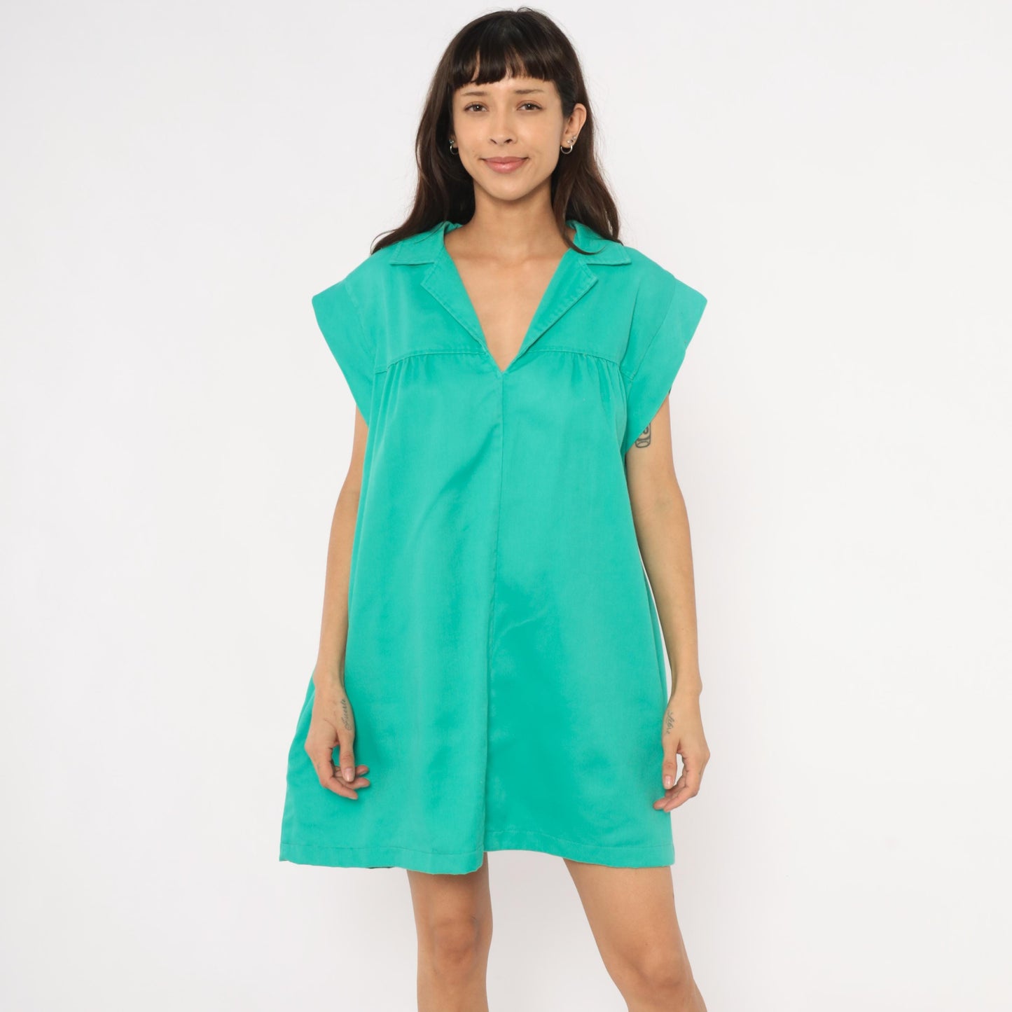 70s Truly Yours Teal Shift Dress Cap Sleeve Mini Cotton Aqua Large XL