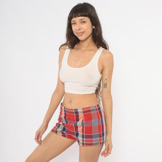 1960s Jantzen Reversible Plaid Shorts Red Navy Cotton Low Rise Medium M