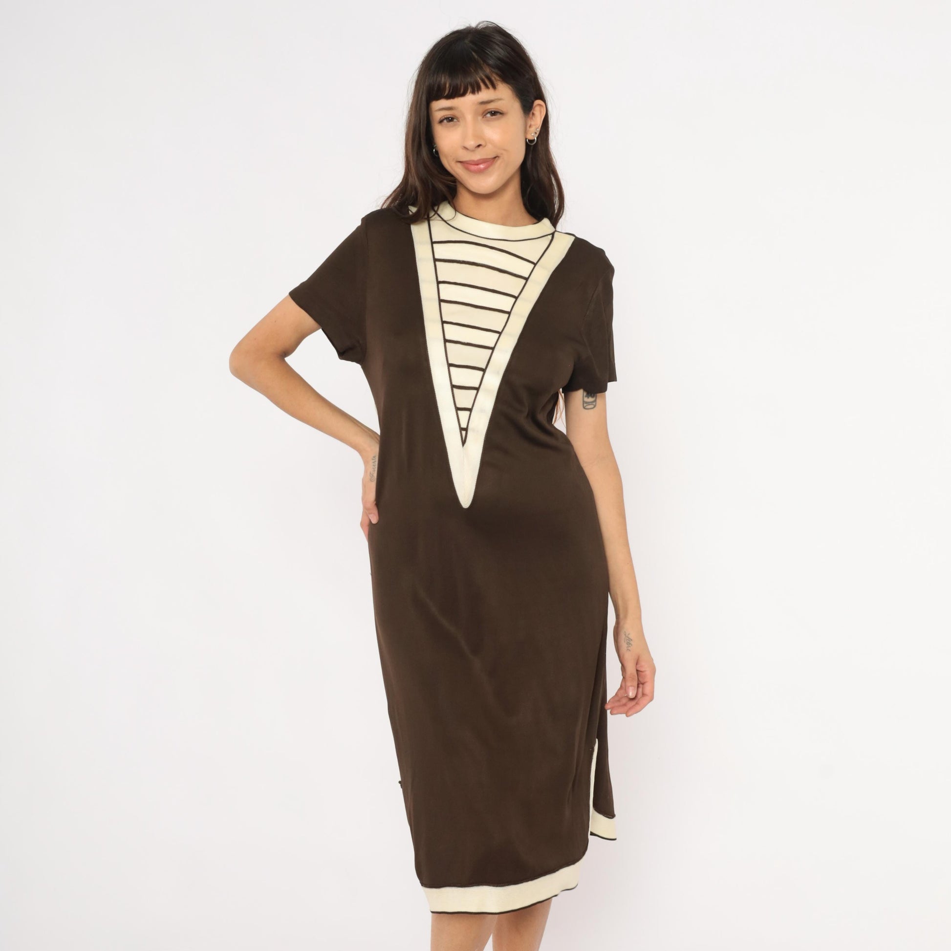 60s Mod Shift Dress Brown Cream Striped V Panel Short Sleeve Large L