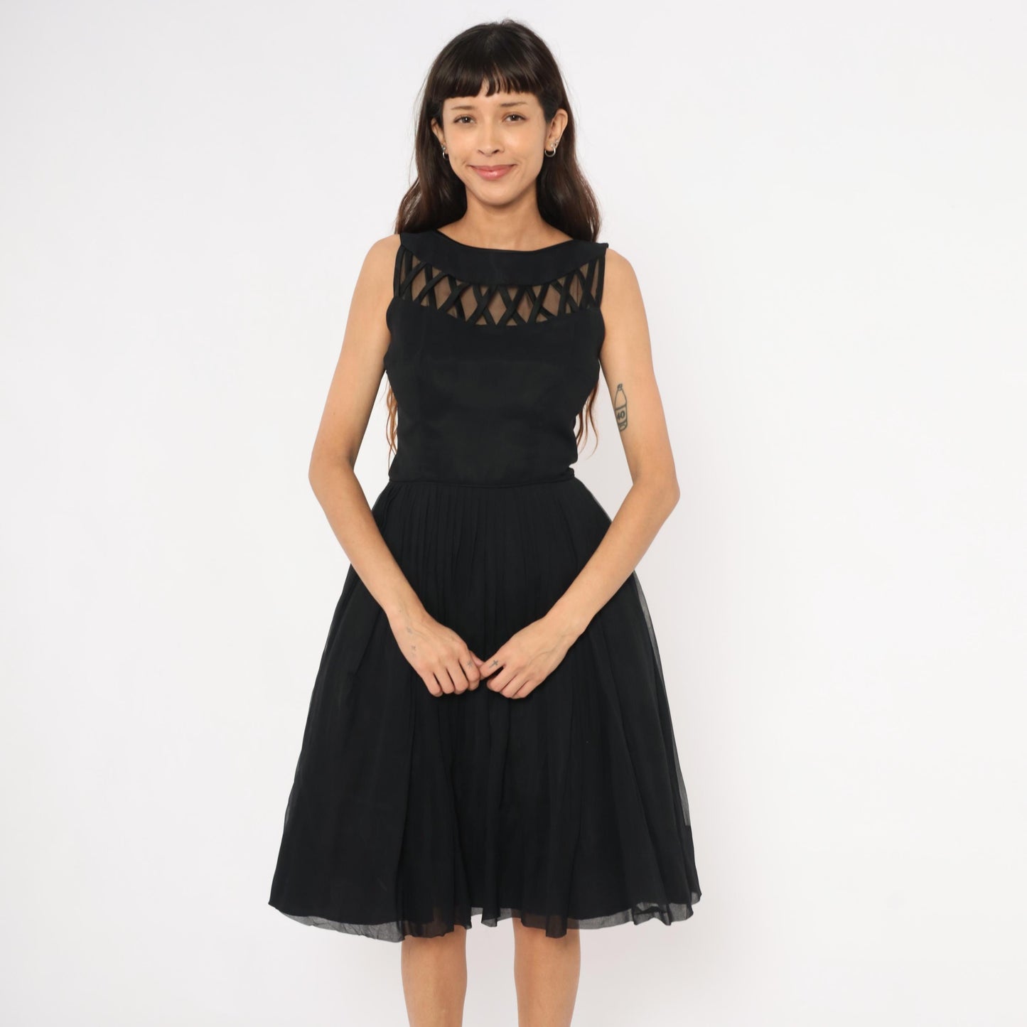 60s Black Chiffon Cocktail Dress Lattice Cutout Boat Neck Small
