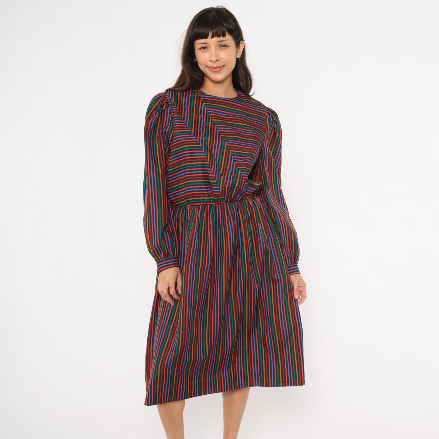 80s DW3 Multicolor Chevron Stripe Dress Puff Sleeve Gathered Waist Large