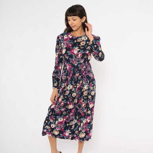 80s Karin Stevens Floral Midi Dress Navy Puff Sleeve Pleated Medium M