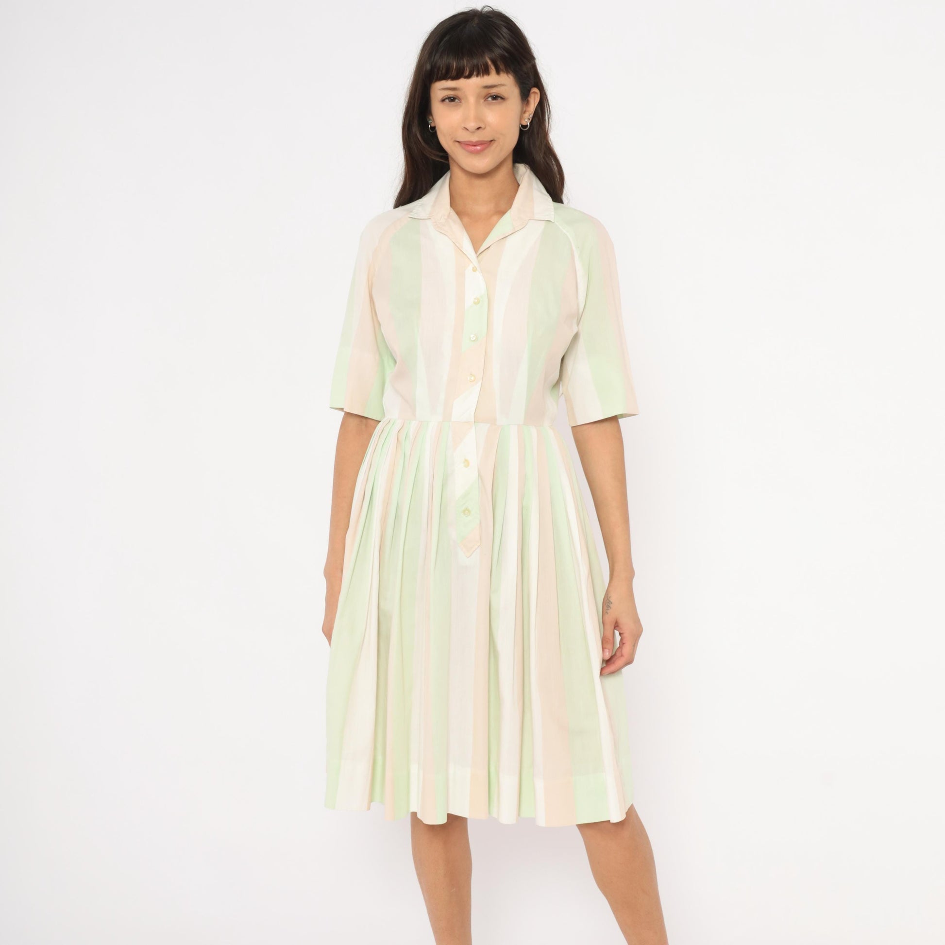 60s Pastel Striped Shirtdress Mint Green Pink Button Front Knee Length Medium