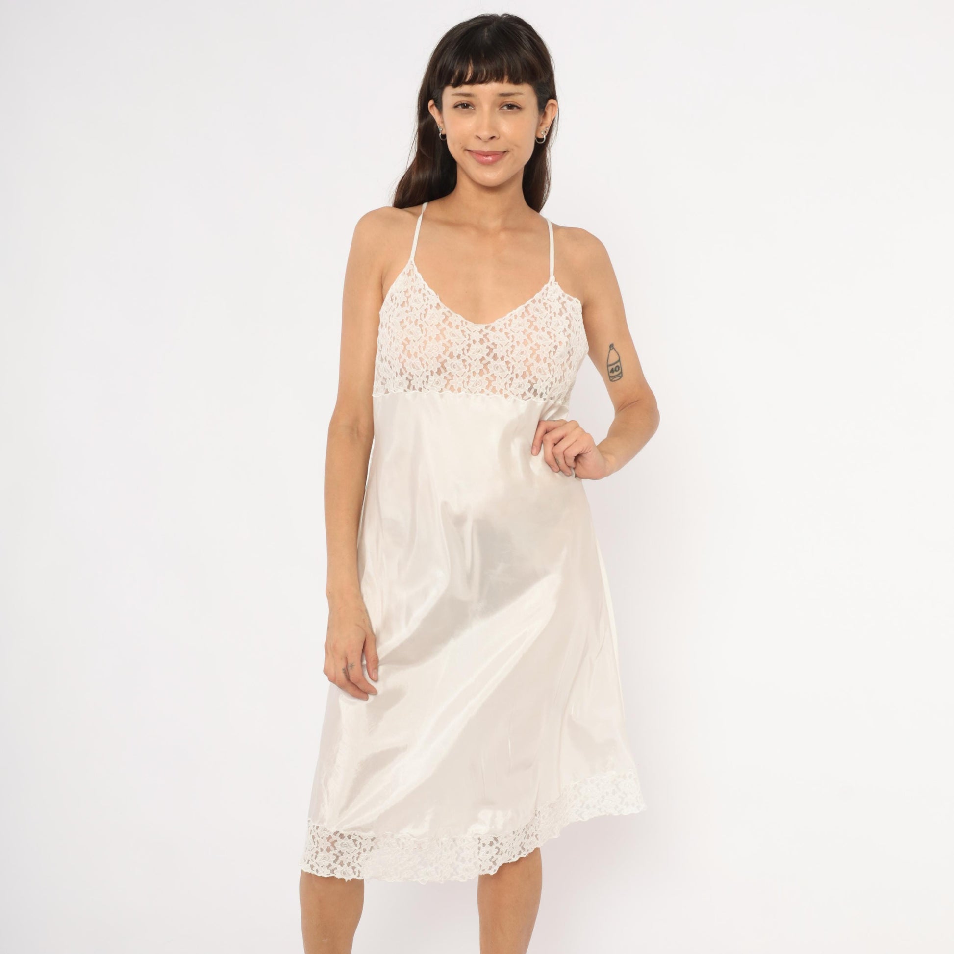 2000s April Cornell White Satin Slip Dress Floral Lace Bodice Knee Length Large L