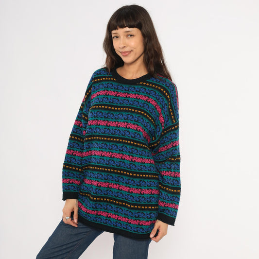 90s Jacque & Koko Jacquard Knit Sweater Teal Scroll Pattern Crew Neck Extra Large XL