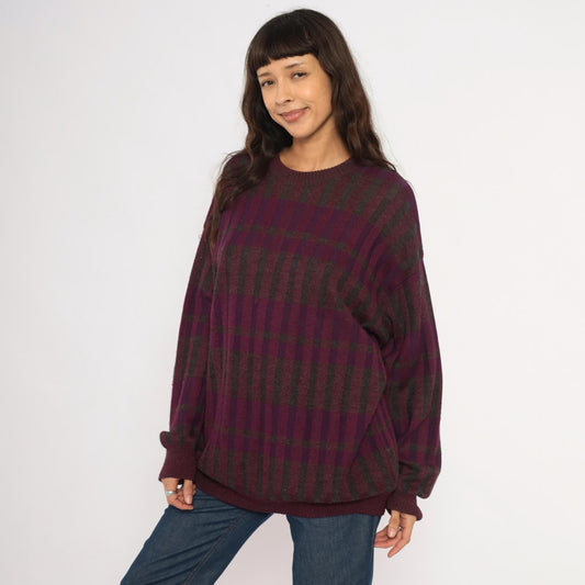 80s Gea Plaid Knit Sweater Burgundy Purple Grey Crewneck Extra Large XL