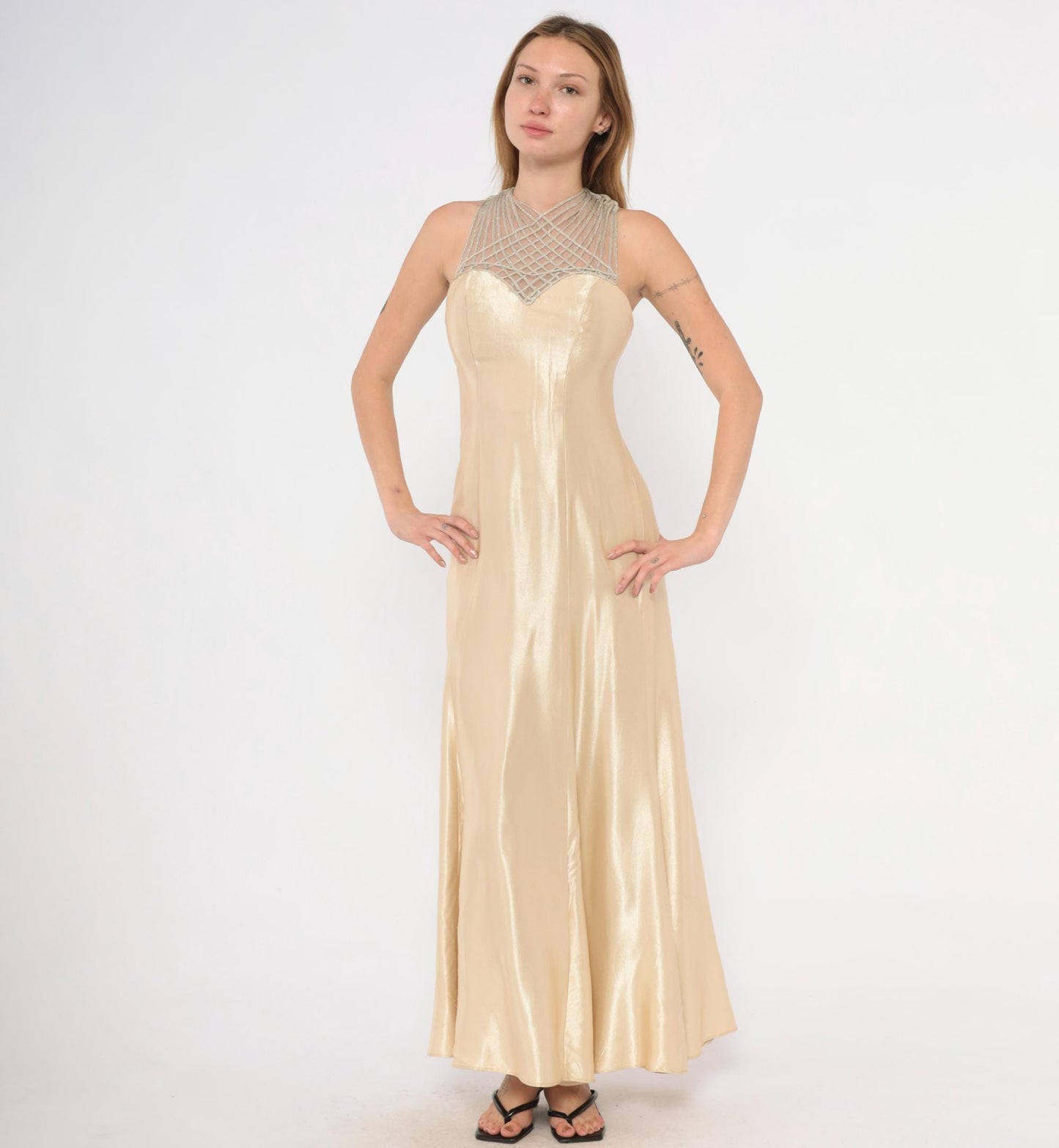90s Champagne Satin Maxi Dress Criss Cross Straps Sweetheart Bodice Gold Evening Gown Extra Small XS