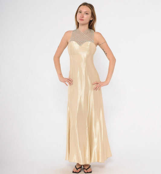 90s Champagne Satin Maxi Dress Criss Cross Straps Sweetheart Bodice Gold Evening Gown Extra Small XS