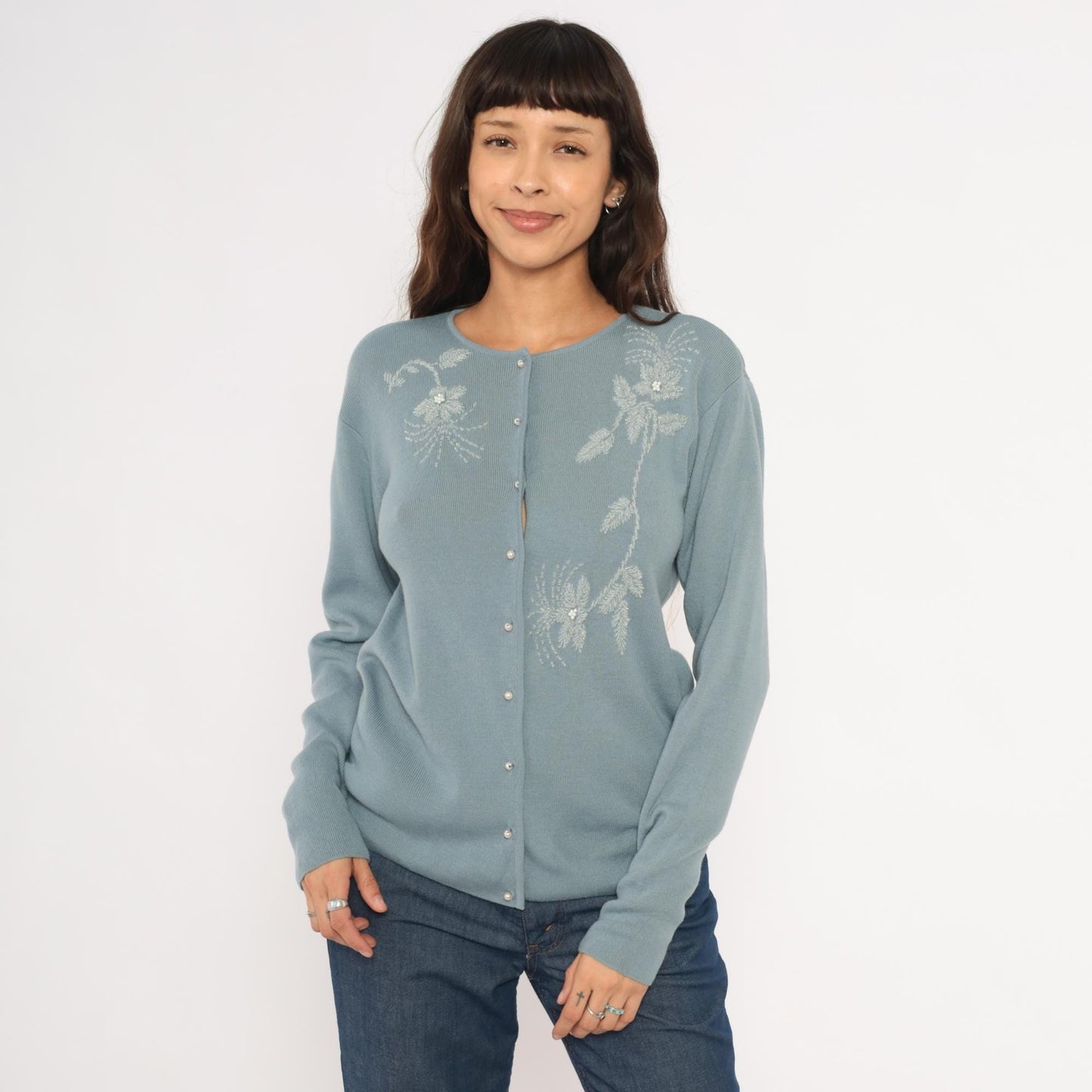 Saks Fifth Avenue 90s Powder Blue Cardigan Embroidered Floral Beaded Medium