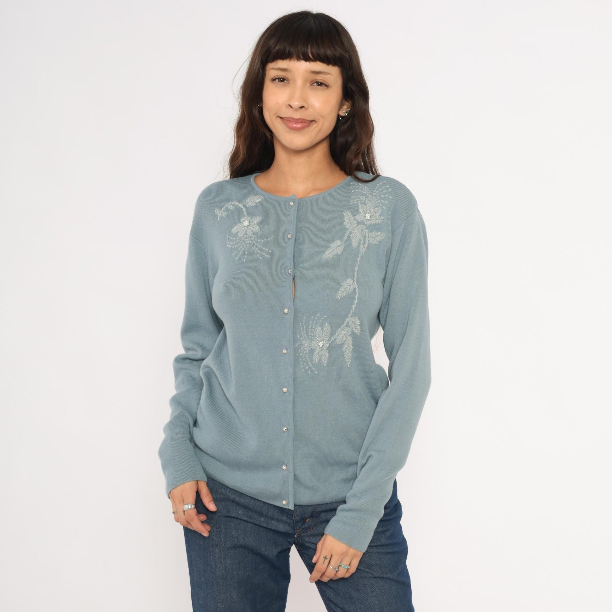 Saks Fifth Avenue 90s Powder Blue Cardigan Embroidered Floral Beaded Medium