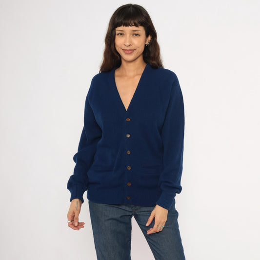 70s Navy Button Front Cardigan V Neck Patch Pocket Knit Small