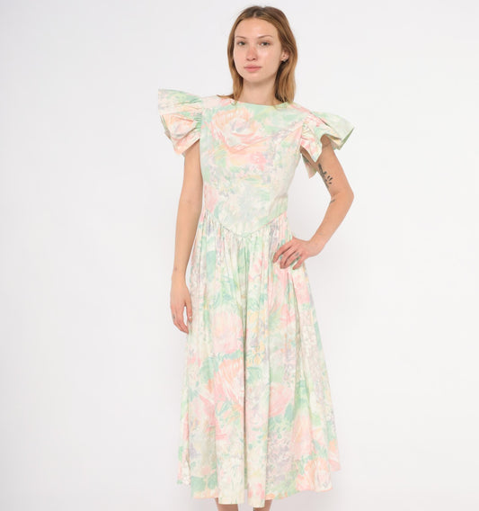 90s JCPenney Floral Midi Dress Watercolor Rose Basque Waist Flutter Sleeve Small S
