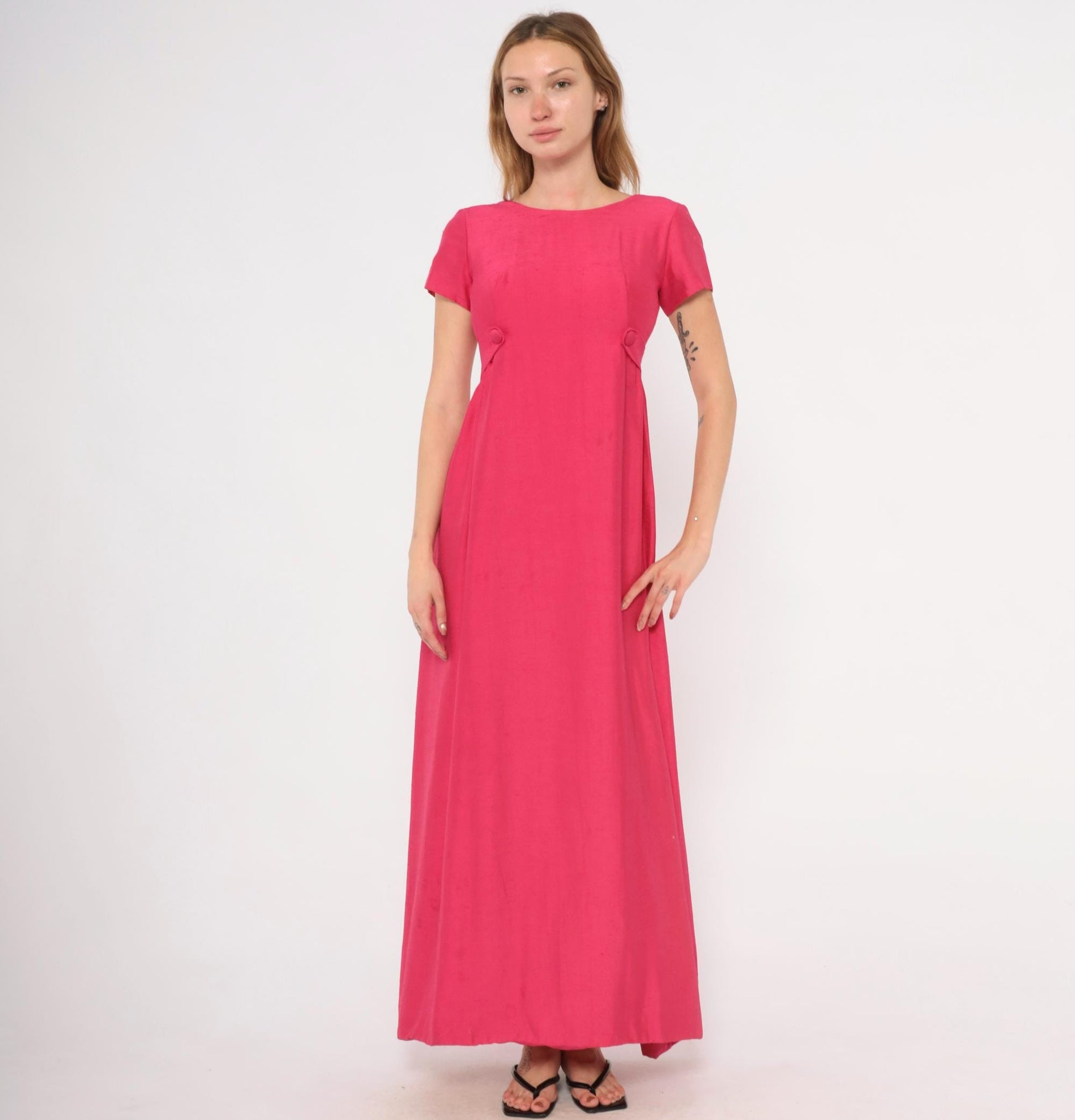 60s Emma Domb Fuchsia Empire Waist Maxi Gown Cap Sleeve Extra Small XS