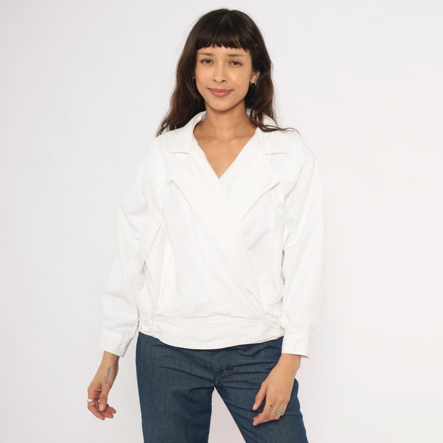 80s Together White Cotton Wrap Jacket Cropped Blouson Medium M
