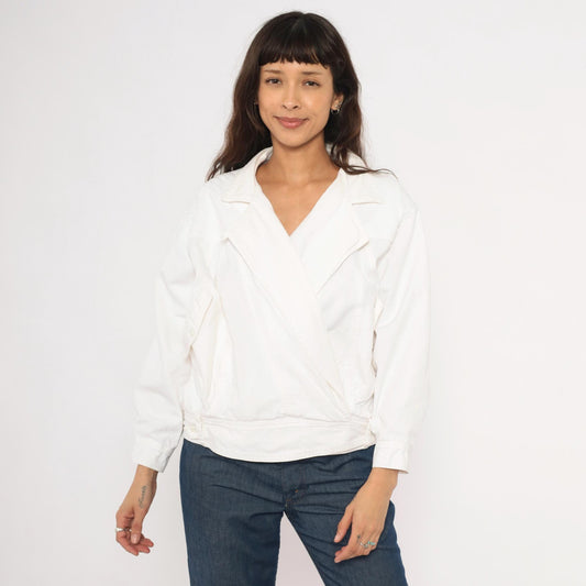 80s Together White Cotton Wrap Jacket Cropped Blouson Medium M