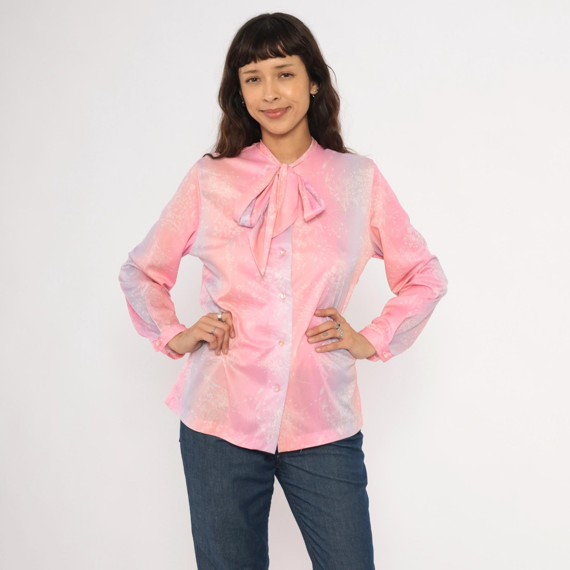 70s Pink Lavender Floral Pussy Bow Blouse Pearl Snap Button Front Medium M