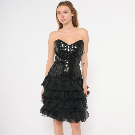 80s Tadashi Sequin Strapless Dress Sweetheart Neckline Tiered Ruffle Mini Black Small S