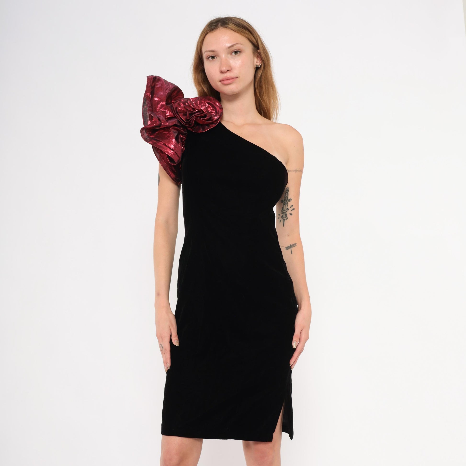 90s ZumZum Black Velvet One-Shoulder Cocktail Dress Burgundy Rosette Small