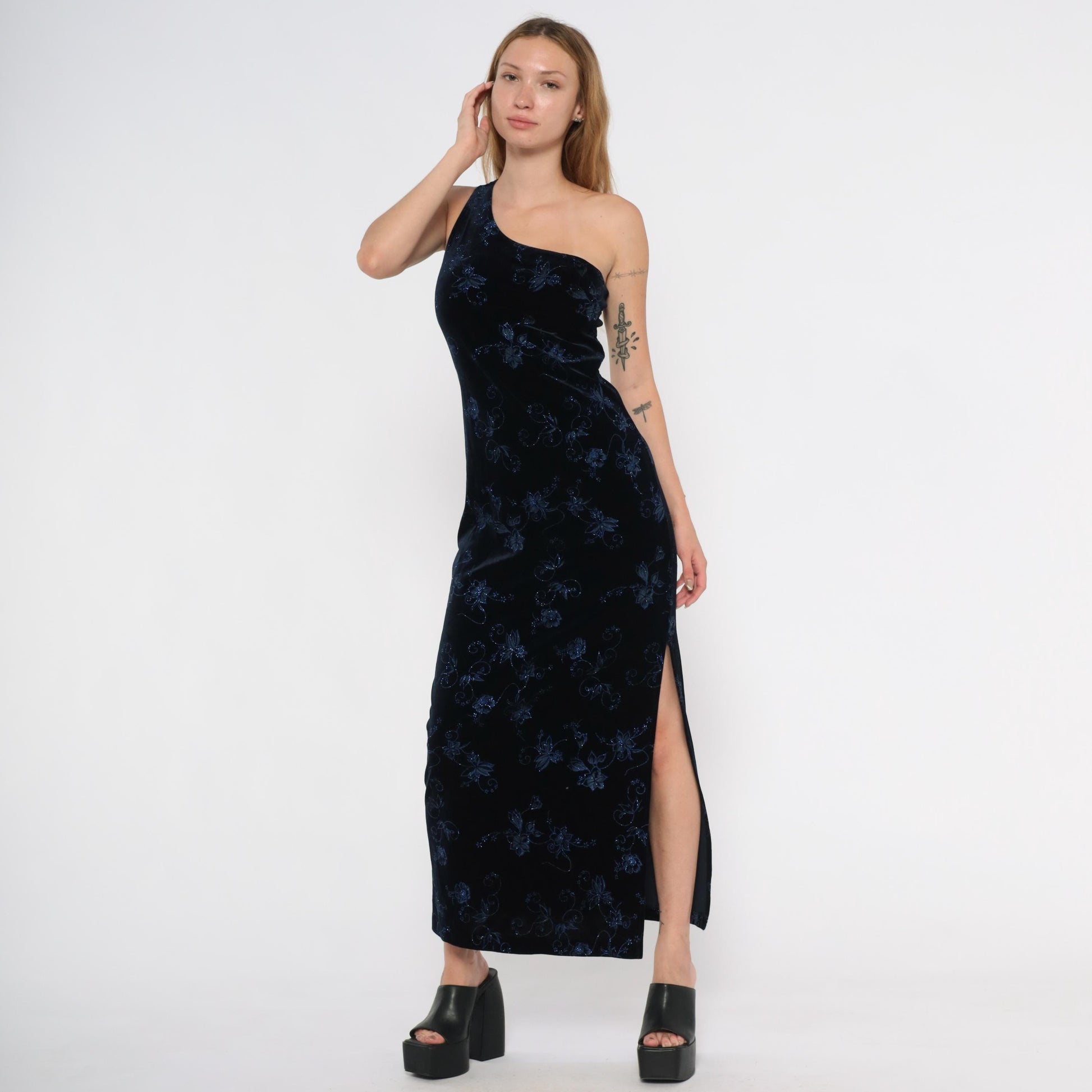 90s Pulse Navy Velvet Maxi Gown One-Shoulder Glitter Floral Asymmetric Slit Large L
