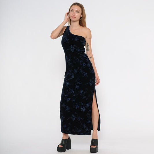 90s Pulse Navy Velvet Maxi Gown One-Shoulder Glitter Floral Asymmetric Slit Large L