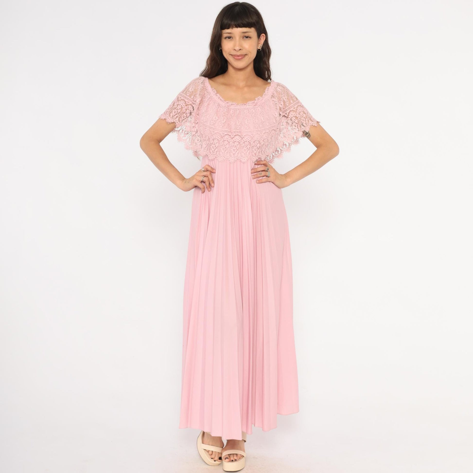 70s Pink Lace Cape Maxi Dress Scalloped Flutter Sleeve Accordion Pleated Small S
