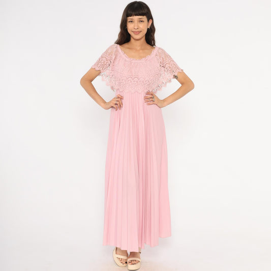 70s Pink Lace Cape Maxi Dress Scalloped Flutter Sleeve Accordion Pleated Small S