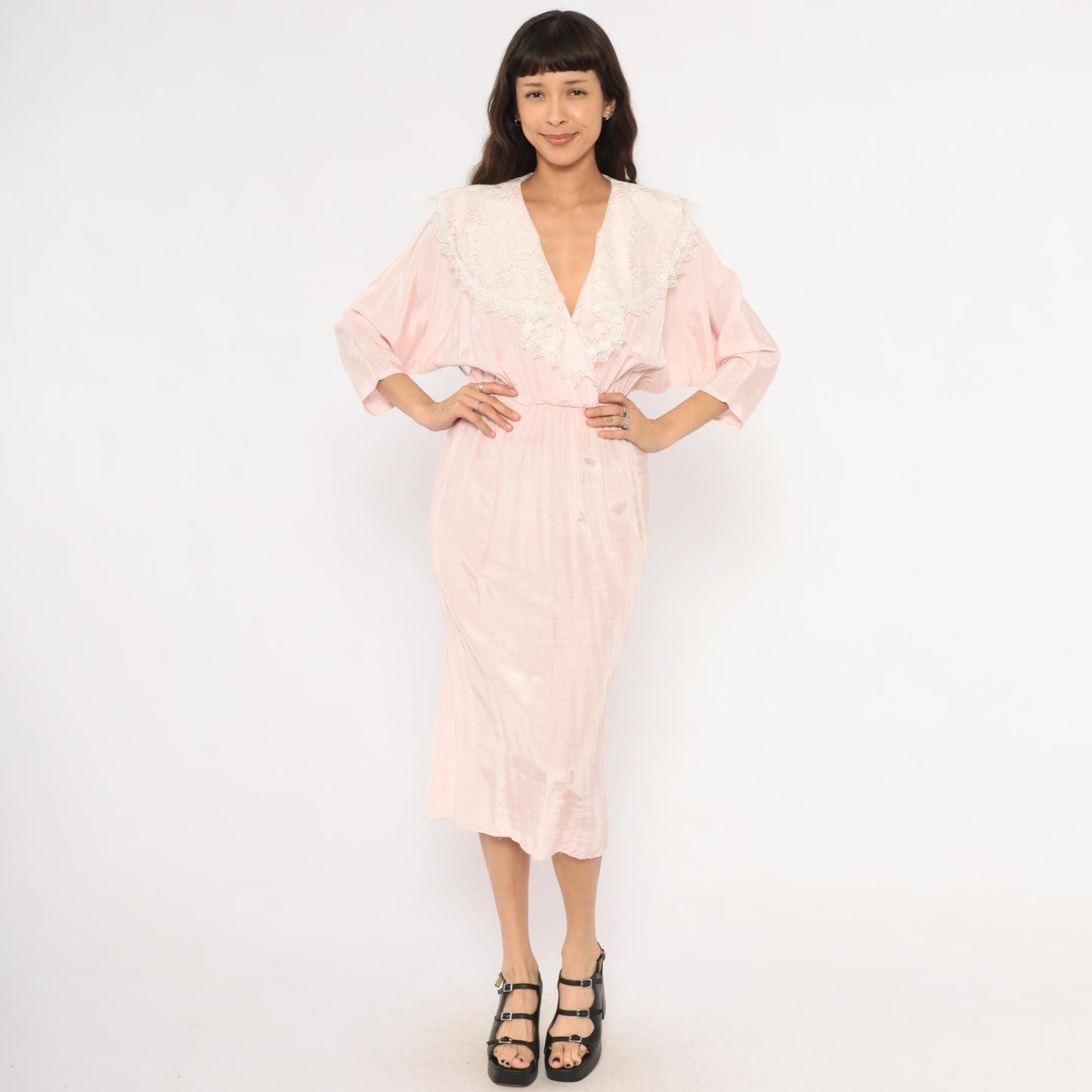 80s DQ Fashions Blush Pink Midi Dress Lace Collar V-Neck Small S