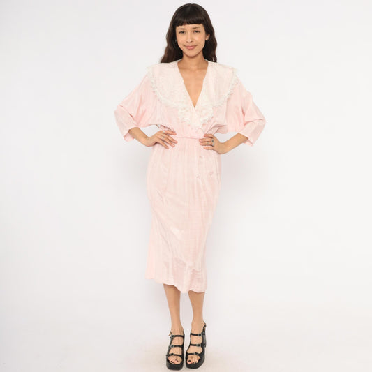 80s DQ Fashions Blush Pink Midi Dress Lace Collar V-Neck Small S