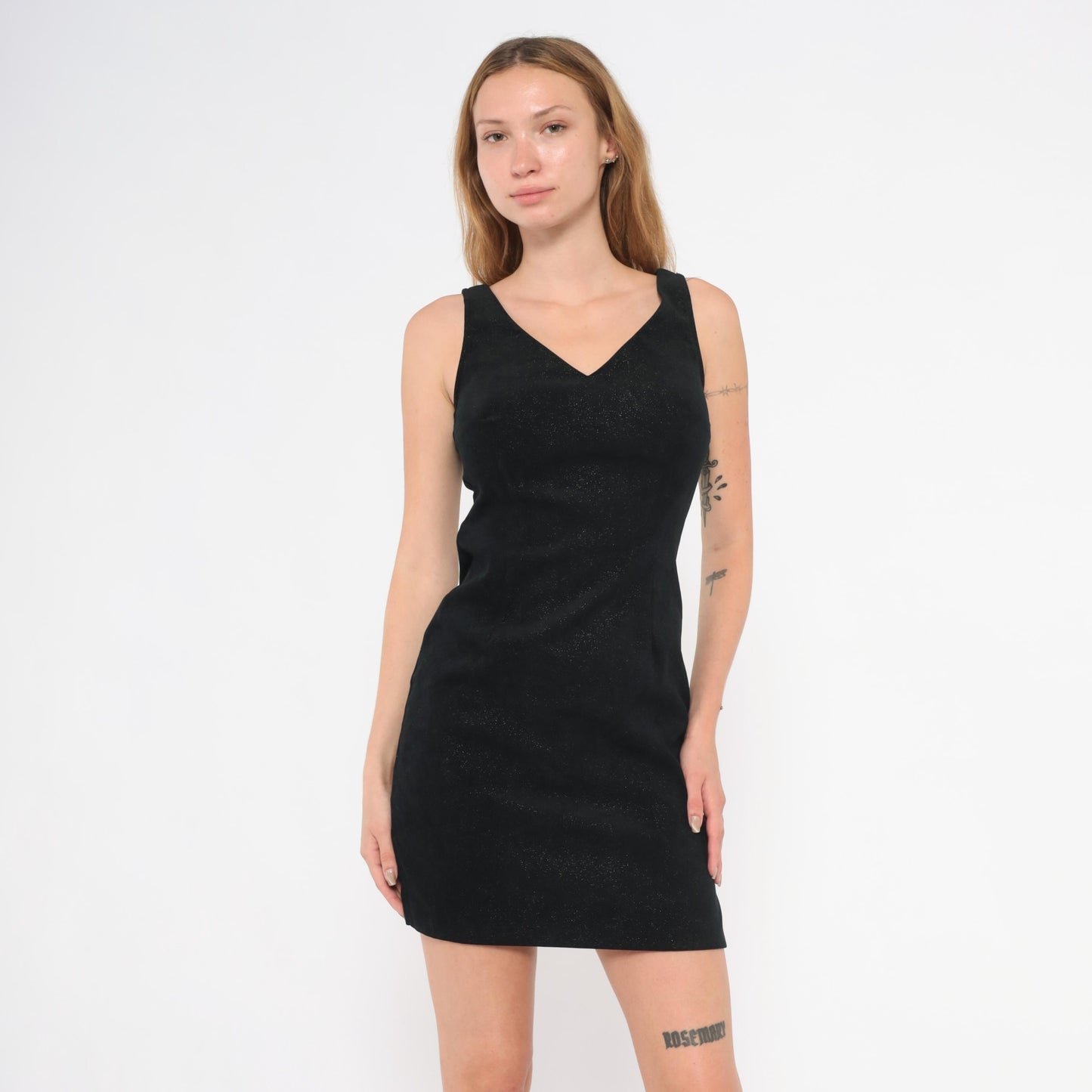 90s Splurge Black Glitter Mini Dress V Neck Sleeveless Bodycon Extra Small XS