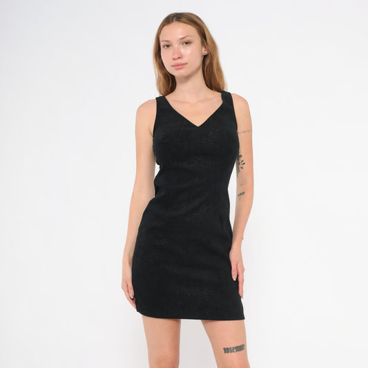 90s Splurge Black Glitter Mini Dress V Neck Sleeveless Bodycon Extra Small XS