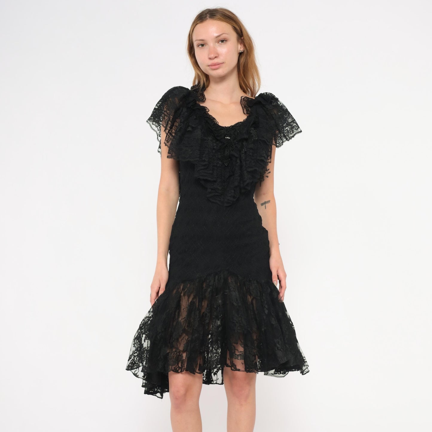 90s Lou Gene's Black Lace Dress Flutter Sleeve Open Back Knee-Length Small S