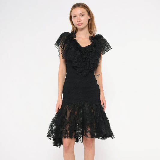 90s Lou Gene's Black Lace Dress Flutter Sleeve Open Back Knee-Length Small S