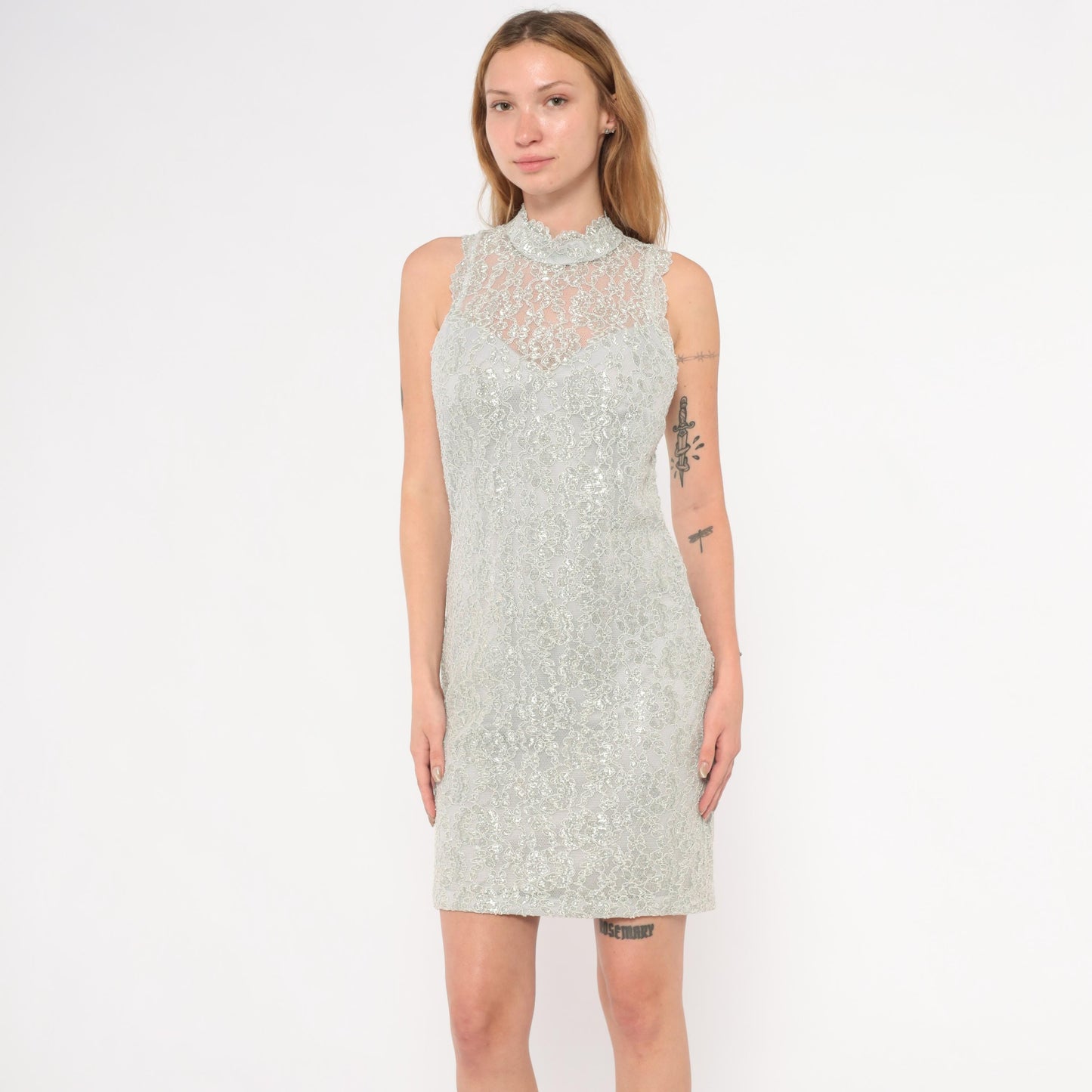 90s Silver Lace Mini Dress Nite Scarlet Mock Neck Metallic Floral Small Medium