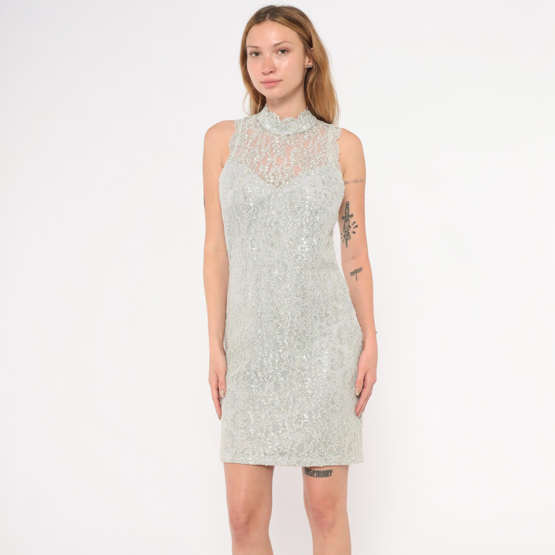90s Silver Lace Mini Dress Nite Scarlet Mock Neck Metallic Floral Small Medium