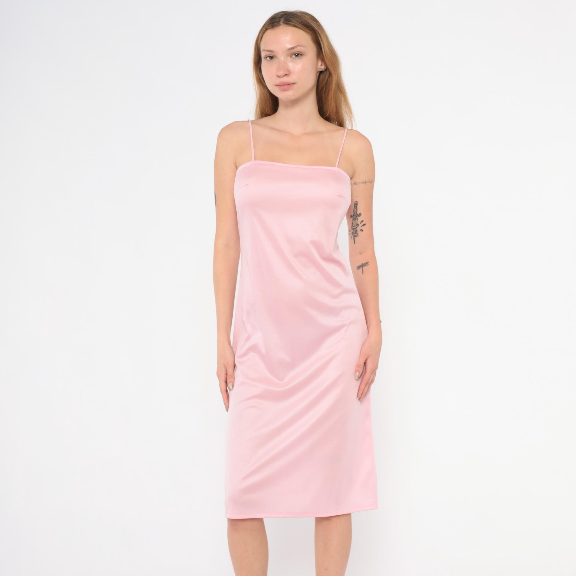 70s Blush Pink Satin Slip Dress Spaghetti Strap Knee-Length Small