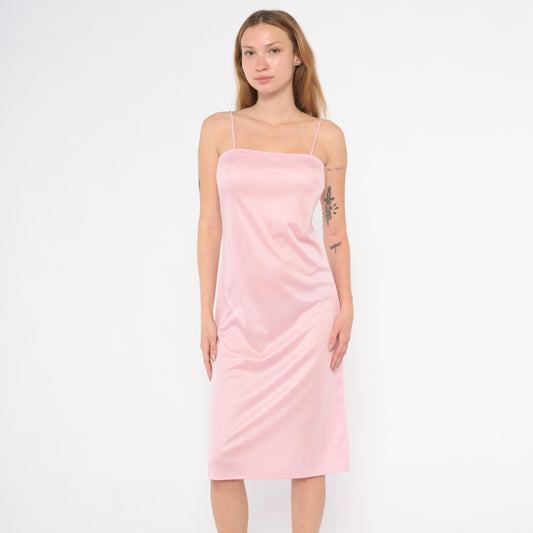 70s Blush Pink Satin Slip Dress Spaghetti Strap Knee-Length Small