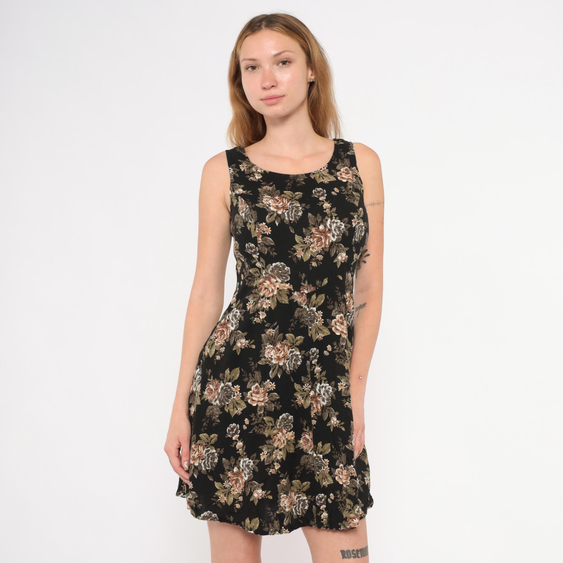 90s All That Jazz Floral Mini Dress Black Rose Print Sleeveless Small S