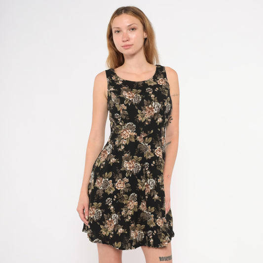 90s All That Jazz Floral Mini Dress Black Rose Print Sleeveless Small S