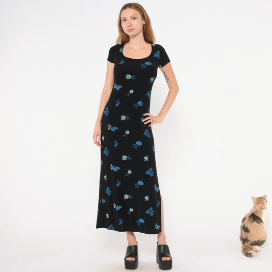 90s Jalate Black Floral Maxi Dress Blue Rose Print Side Slit Medium