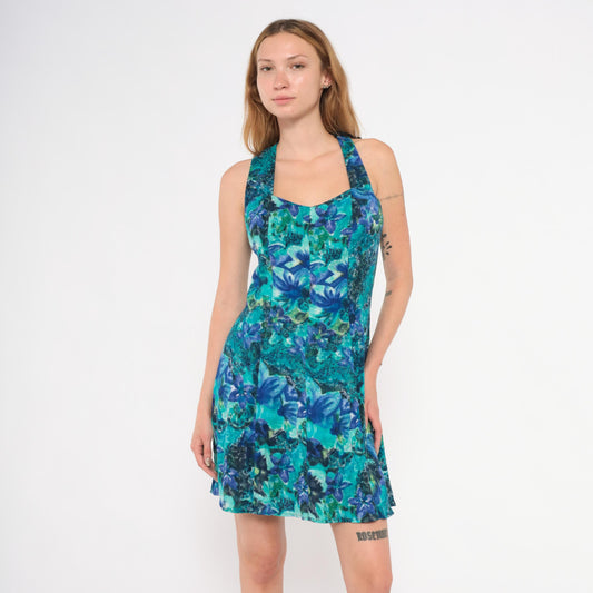 90s All That Jazz Floral Crossback Mini Dress Teal Sweetheart Neckline Small