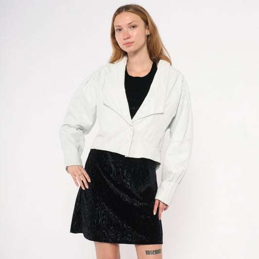 90s Chia Cropped Leather Jacket White Snap Front Batwing Sleeve Medium